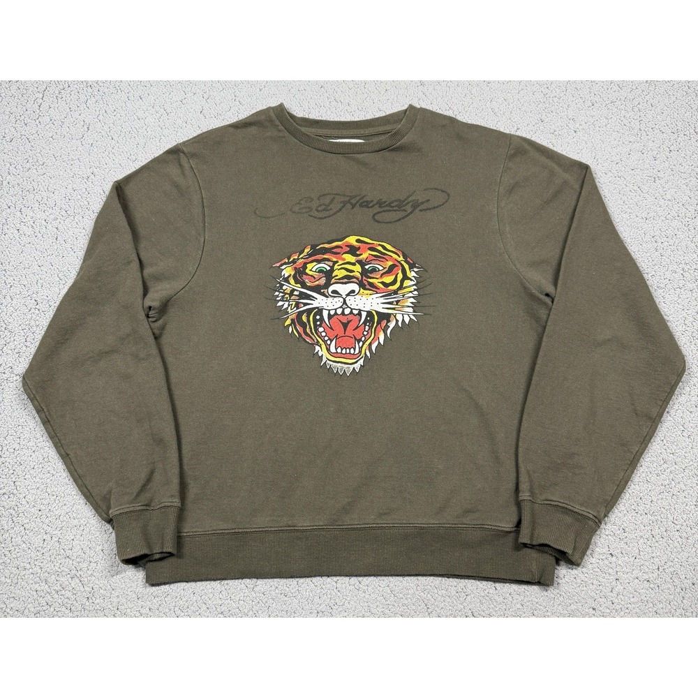 Ed Hardy Sweatshirt Womens Medium Brown Fleece Crewneck Tiger Graphic Tattoo